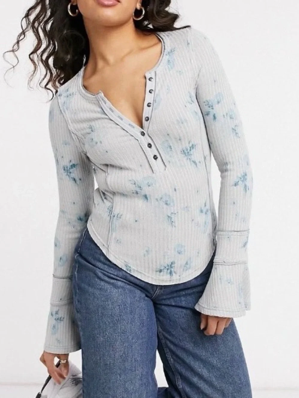Free People Thermal Henley Top Blue Fairycore Bell Sleeve Size M